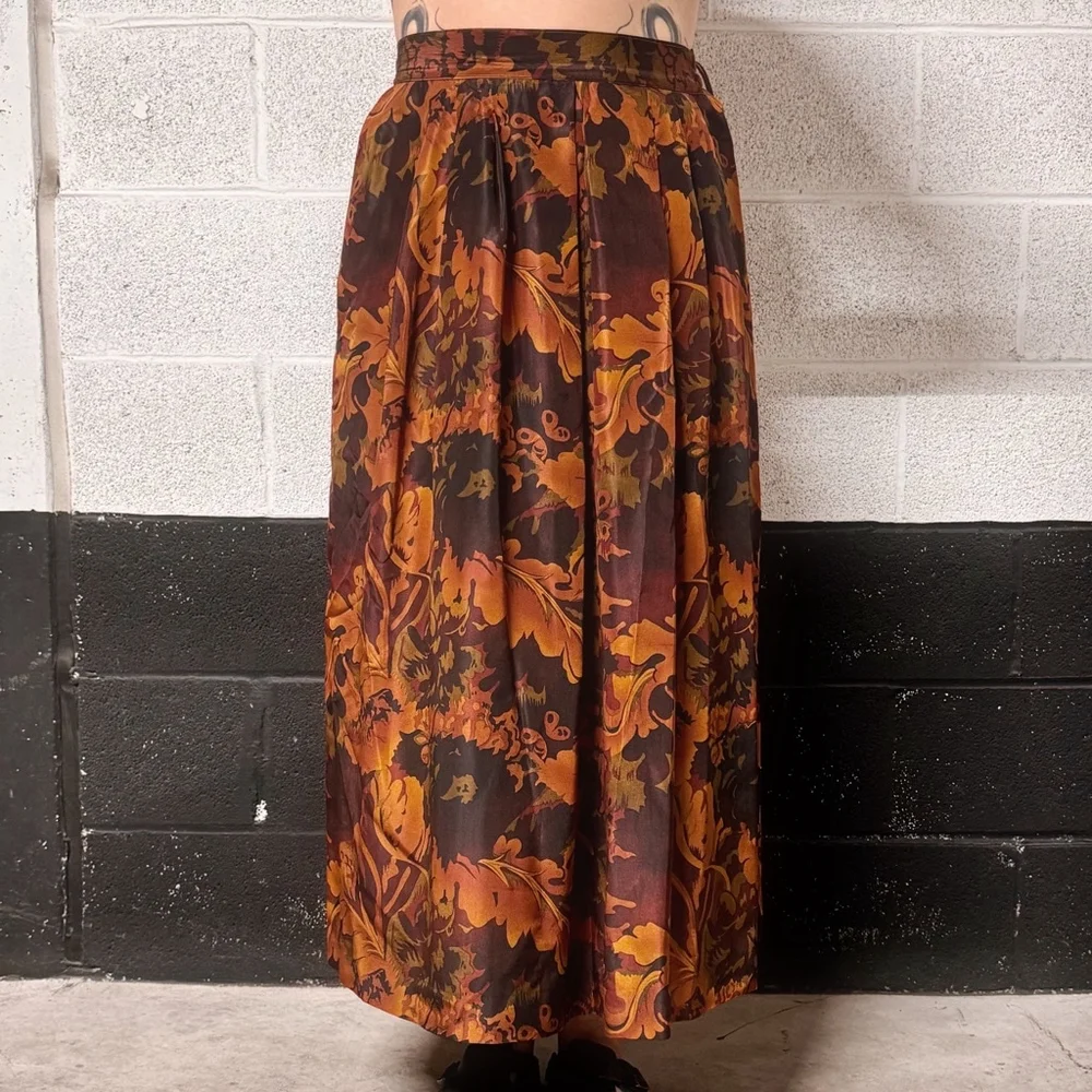 Vintage Silk A-Line Maxi Skirt Fall Flower Print Size L - Picture 1 of 8